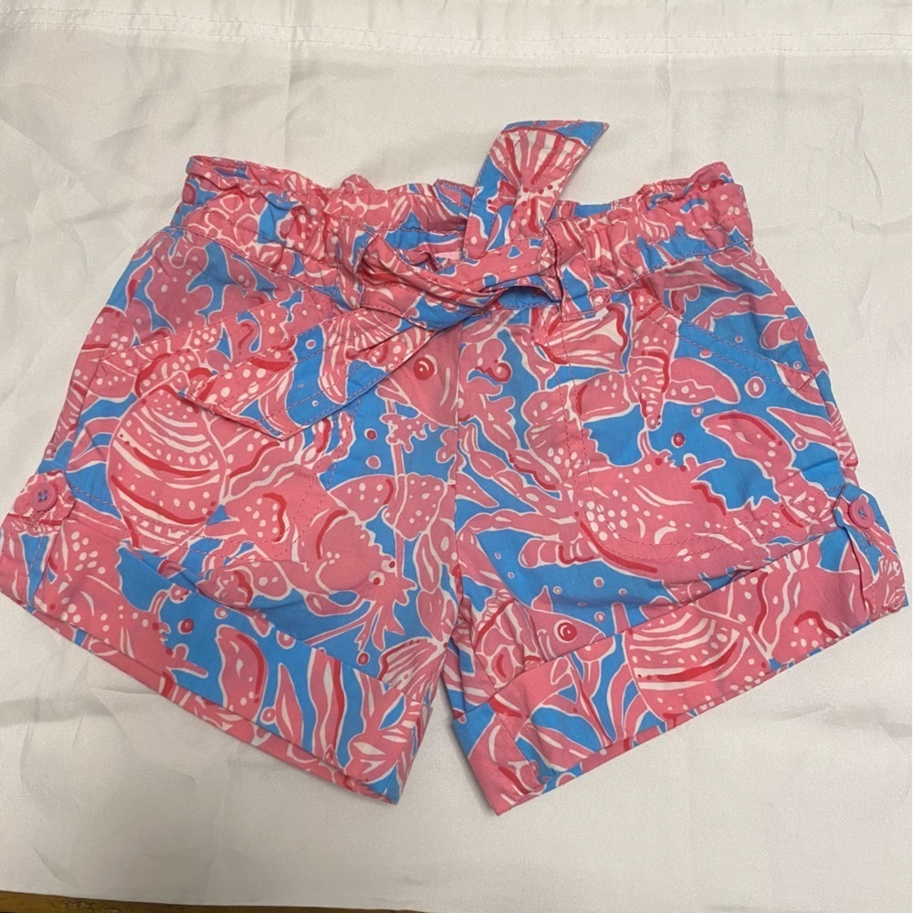 LILLY Pulitzer Girls Shorts Button Tab Blue Pink Crabs Lobsters Fish Ocean Sea